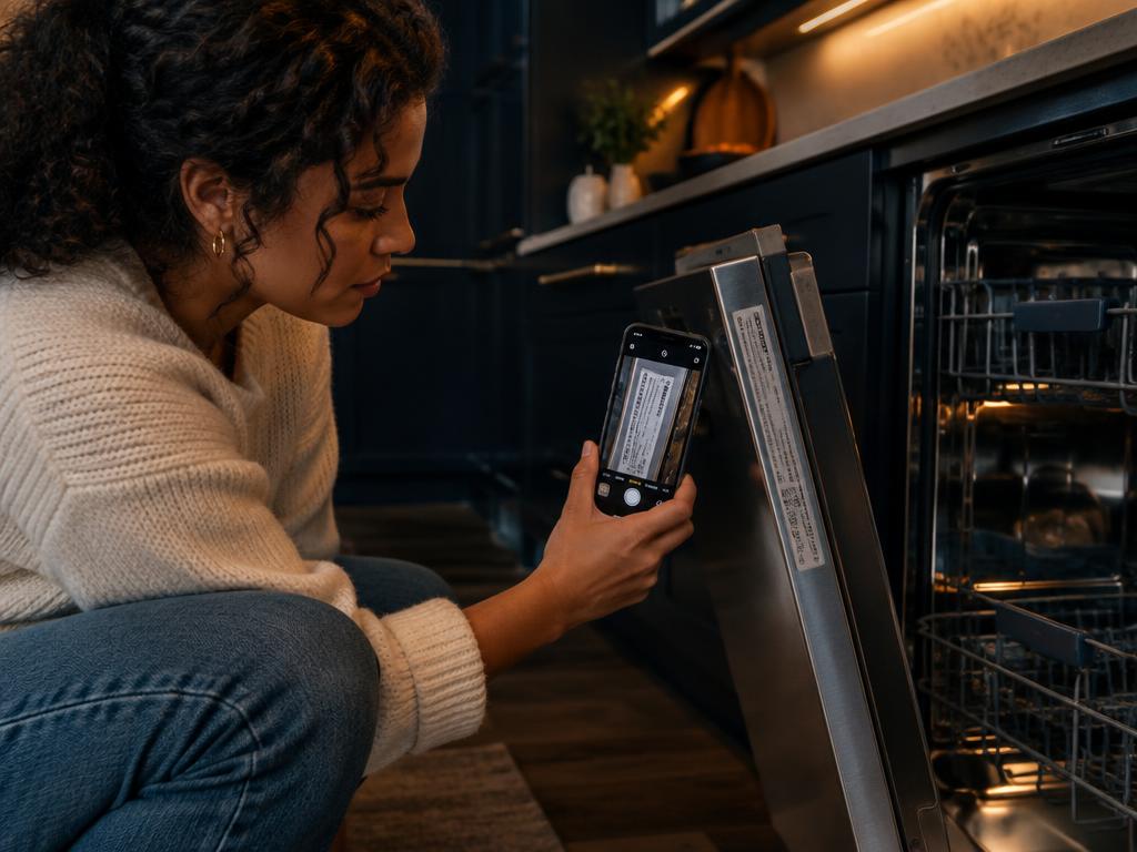 Customer photographing an open dishwasher; booking without a model is also available