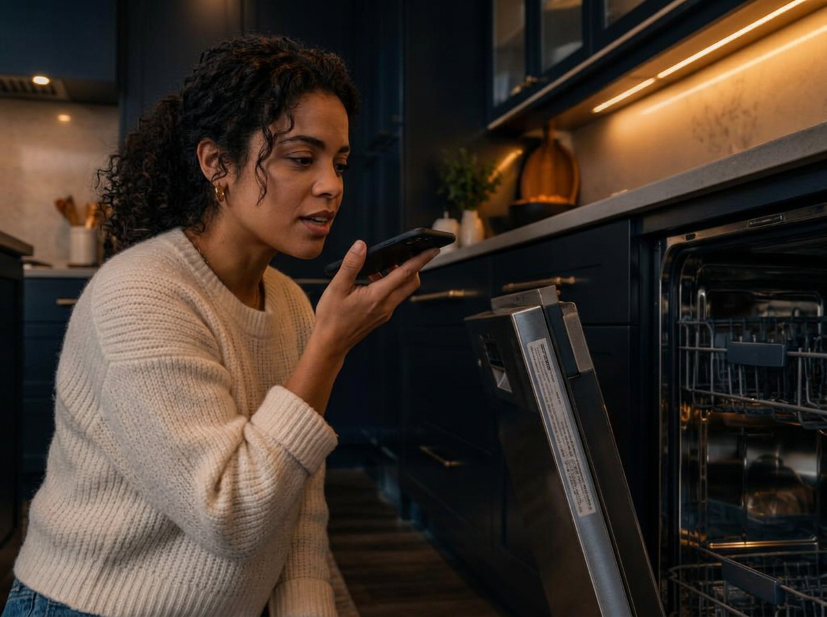 Customer describing a dishwasher issue by phone beside the open dishwasher
