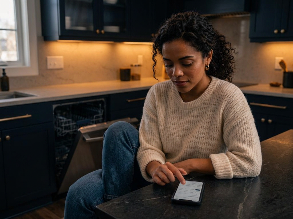 Customer choosing an appliance repair appointment beside the appliance