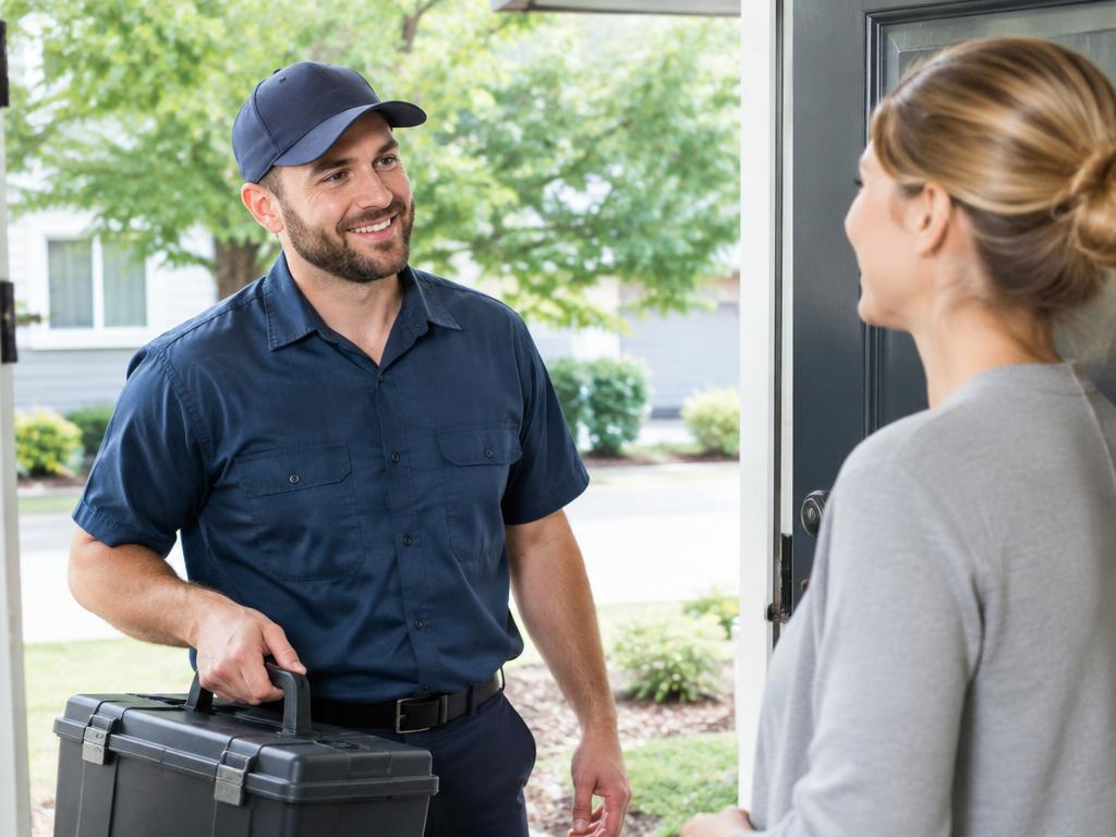 Friendly technician greeting a homeowner at the door