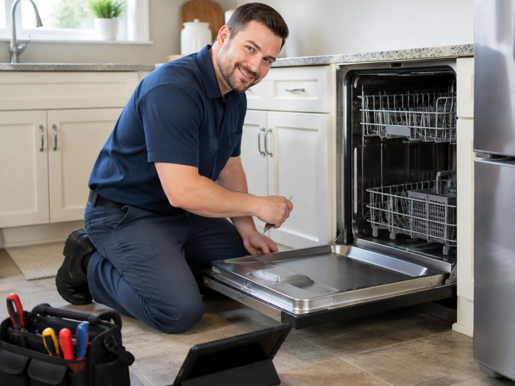 Technician inspecting an open dishwasher in a home kitchen